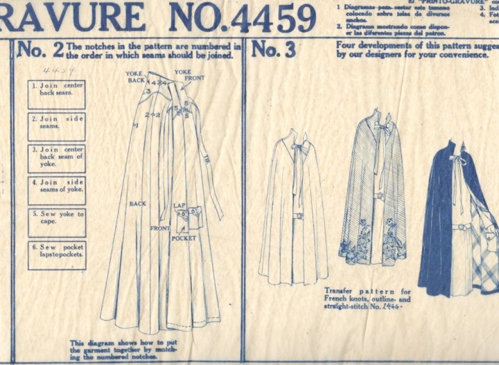 1920s Printo Gravure McCall's instructions for cape pattern 4459 Miler Soeurs