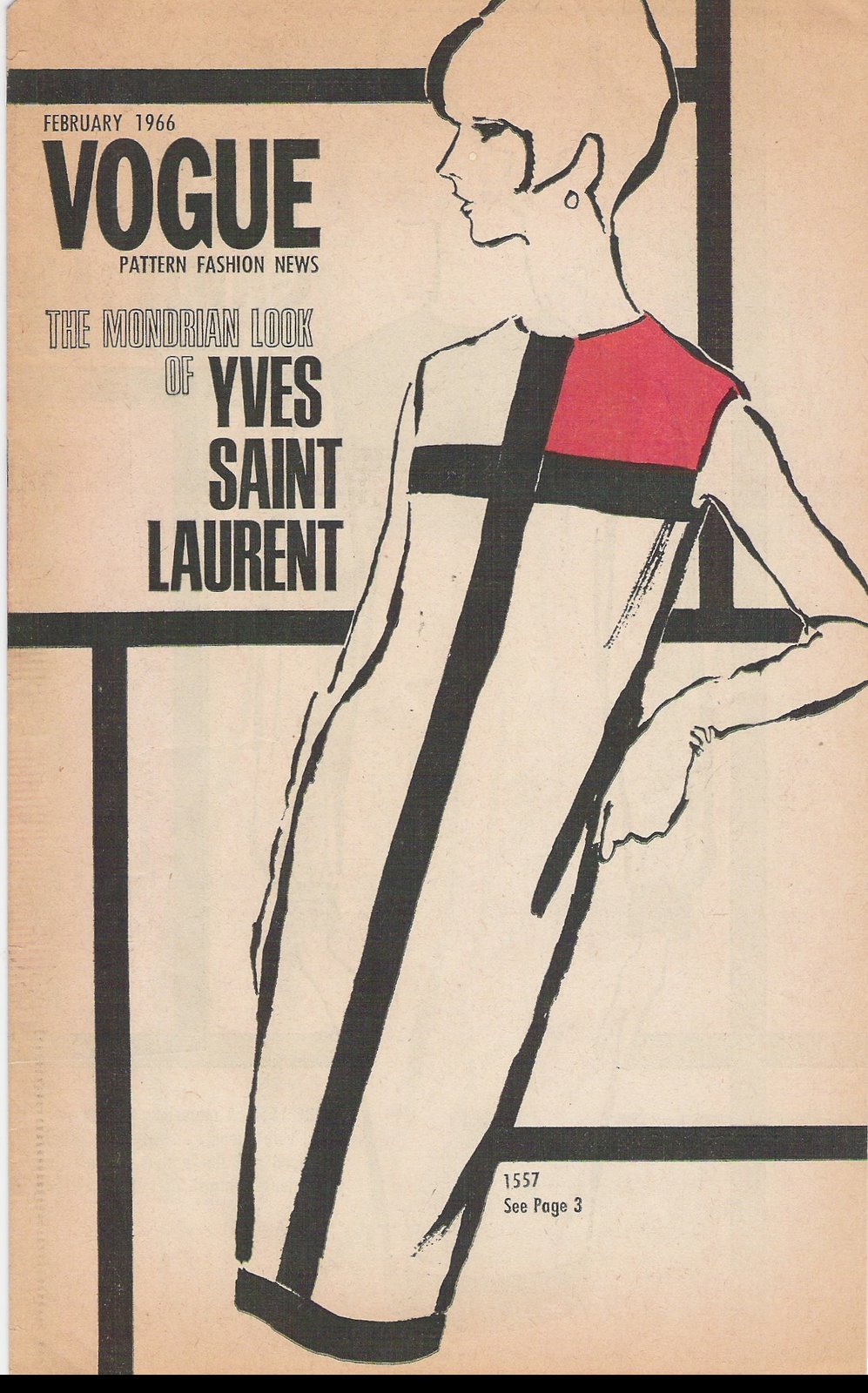 Yves Saint Laurent's Vogue 1557 illustrated on the cover of Vogue Pattern Fashion News, February 1966