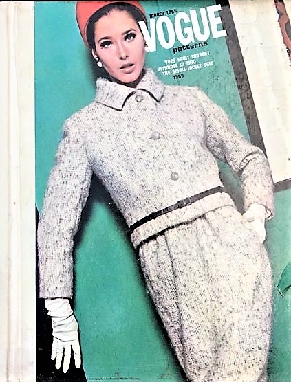 Yves Saint Laurent suit pattern Vogue 1569 on the cover of Vogue Patterns catalogue, March 1966