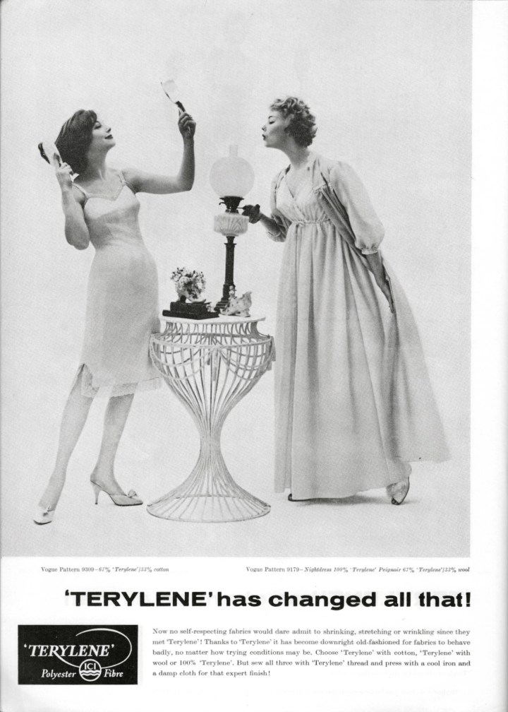 "'TERYLENE' has changed all that!" Vogue 9309 slip Vogue 9179 nightdress and peignoir in a polyester fibre - 1959 advertisement