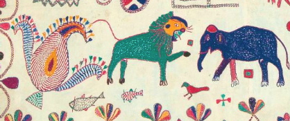 Hand-embroidered animals on a Bengali kantha at the Textile Museum of Canada