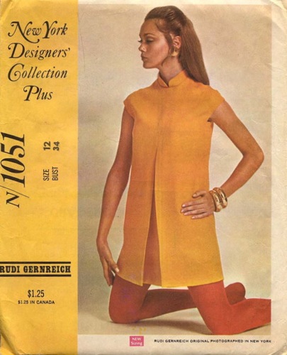1960s saffron mini dress by Rudi Gernreich with inverted front pleat and mandarin collar - McCall's 1051 