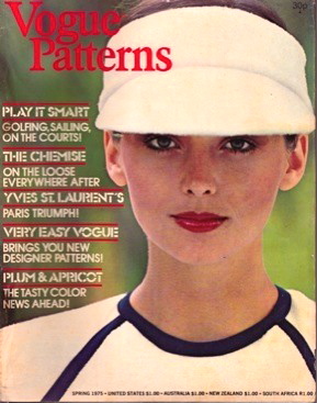 Model Regine Jaffrey in a tennis shirt and visor, Vogue Patterns magazine Spring 1975