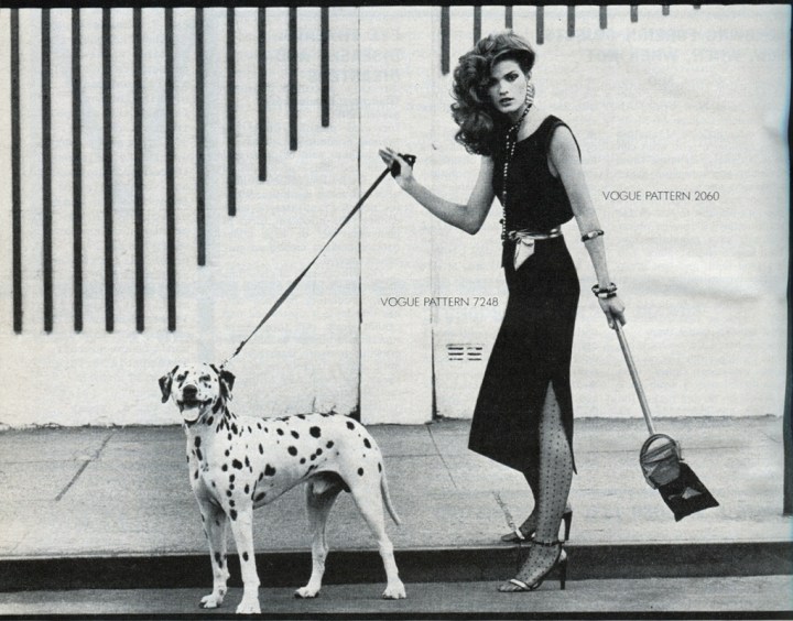 Vogue Patterns campaign image showing Gia Carangi walking a Dalmatian. Gia wears Vogue pattern 2060 by Yves Saint Laurent. From Vogue, November 1978