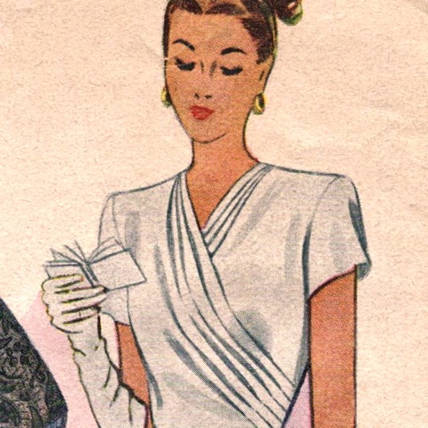 Detail of McCall 6621 1940s dinner dress pattern - woman reading her carnet de bal