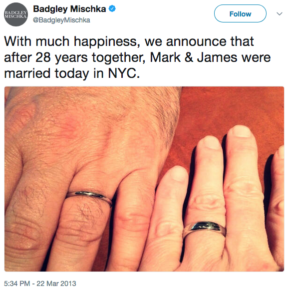 With much happiness, we announce that after 28 years together, Mark & James were married today in NYC.