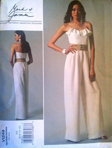 Badgley Mischka Mark + James white, ruffled, strapless jumpsuit pattern - Vogue 1249 (2011)