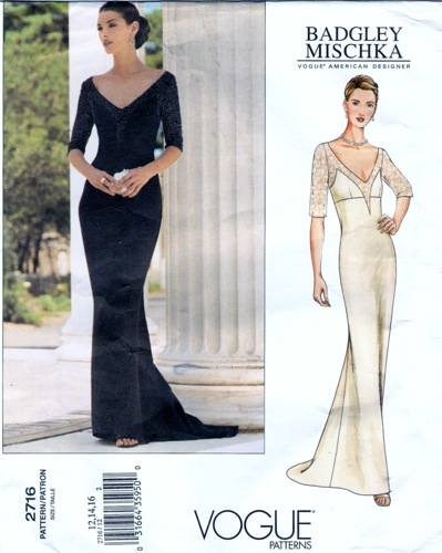 Badgley Mischka evening dress with elbow-length sleeves, train and contrast bodice yoke - Vogue 2716 