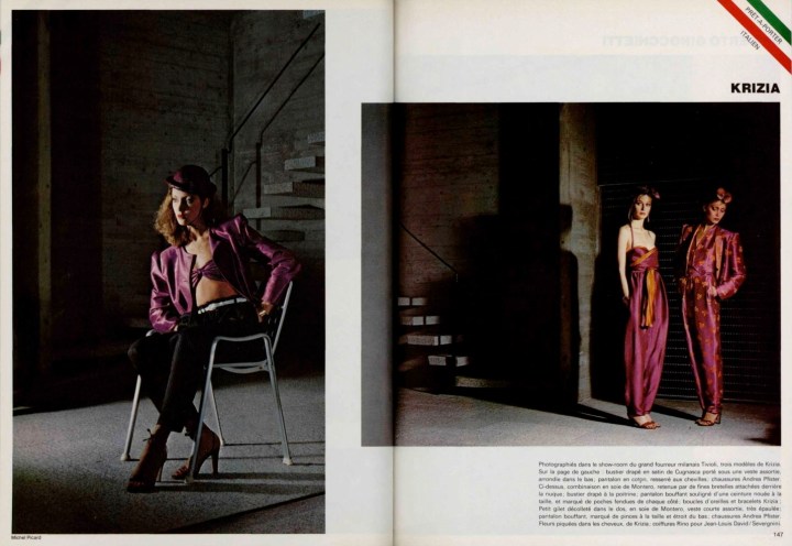 3 Krizia trouser ensembles in L'Officiel, February 1979, photographed by Michel Picard
