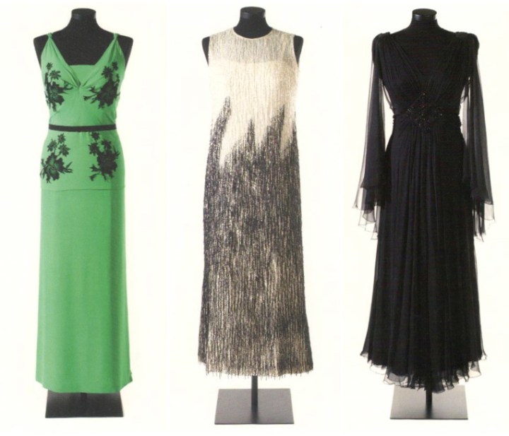Three Pedro Rodríguez evening gowns for Maria Brillas: 1940s green silk with lace appliqués, 1970s beaded silk gauze and jet-embroidered black silk muslin