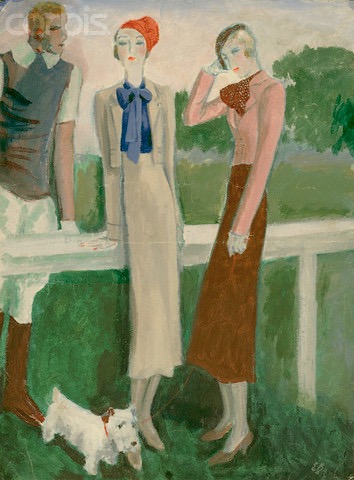 1930s Eduardo García Benito illustration: Schiaparelli beige suit, blue blouse and Sicilian cap; pink jacket and brown skirt.