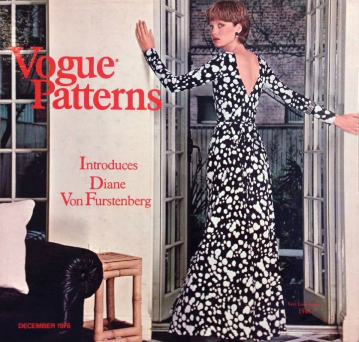 1970s back-wrapped DVF wrap dress on the cover of Vogue Patterns' holiday catalogue