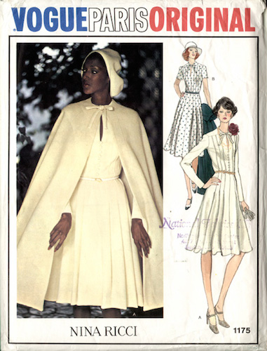 Billie Blair models a 1970s Nina Ricci cape and dress pattern - Vogue 1175