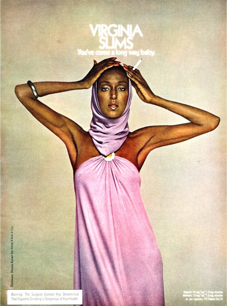 Billie Blair in Donna Karan for Anne Klein, Virginia Slims advertisement, 1975