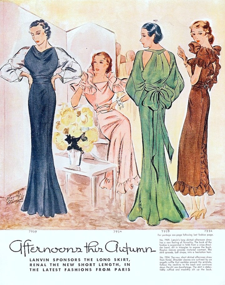 "Afternoons this Autumn," illustration showing dresses by Lanvin and Renal, McCall's magazine, September 1934