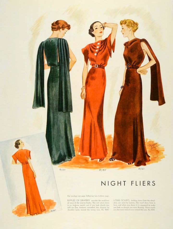 Marian Blynn illustration of couturier evening patterns McCall 8591 and 8597 in 1930s McCall's magazine