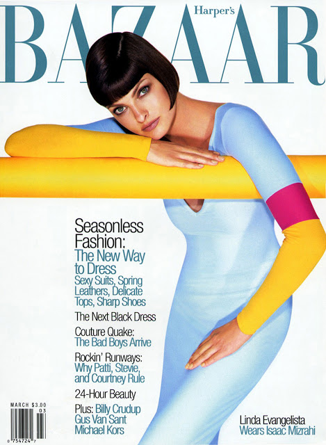 Linda Evangelista photographed by Patrick Demarchelier for the cover of Harper's Bazaar, March 1997