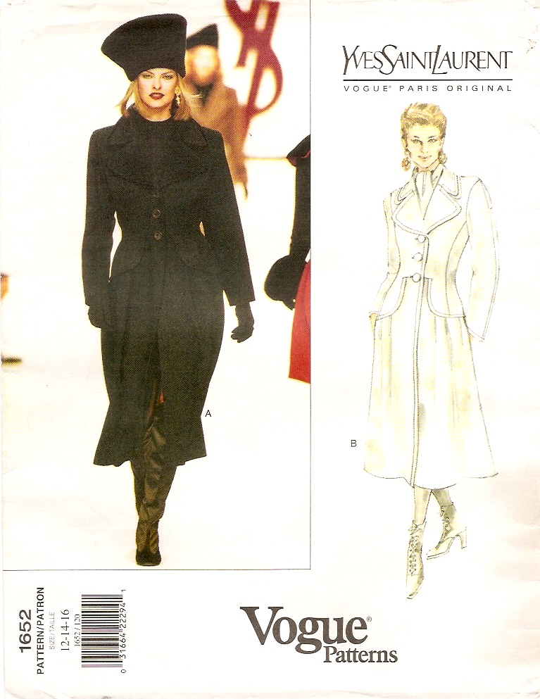 1990s Yves Saint Laurent coat pattern featuring Linda Evangelista - Vogue 1652