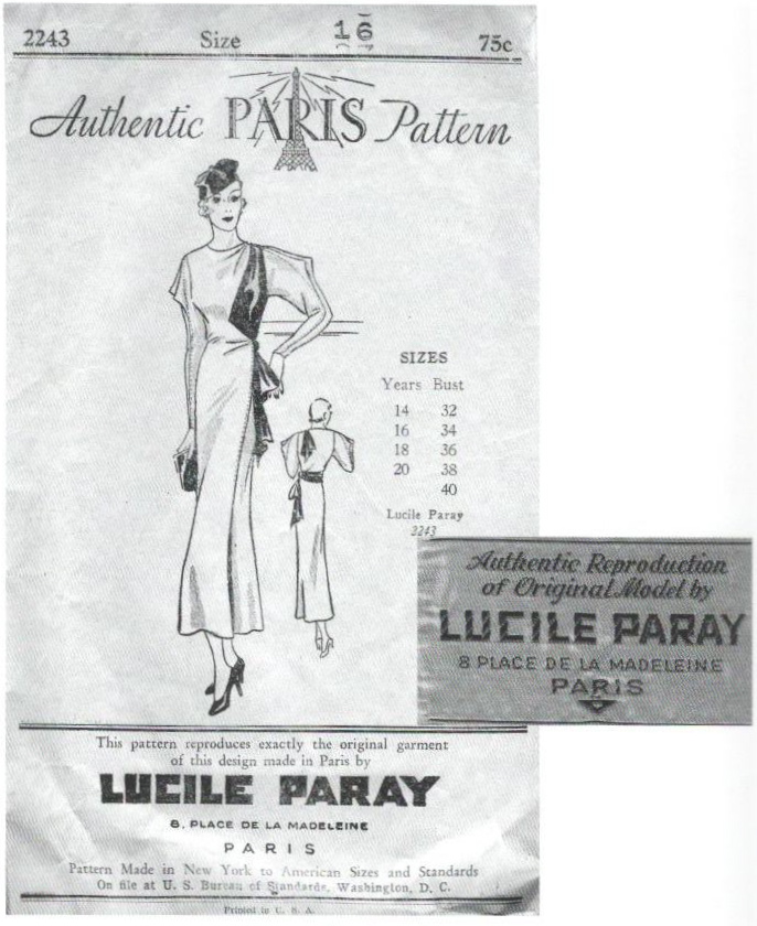 A couturier dress pattern by Lucile Paray with cloth label: Paris Pattern 2243 (1933)