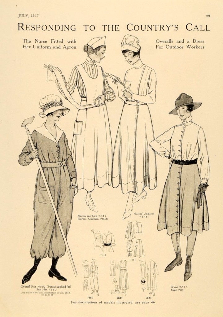 nurses’ uniform 7845, apron and cap 7847, overall suit 7860, sun hat 7850, waist 7073, skirt 7011 - McCall's magazine, July 1917