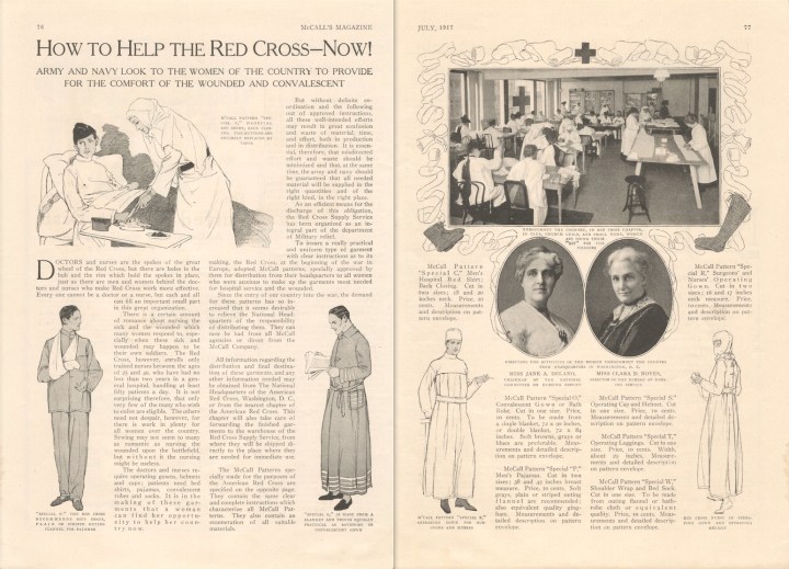 "How to Help the Red Cross--Now! Army and navy look to the women of the country to provide for the comfort of the wounded and convalescent" McCall's July 1917 Red Cross patterns