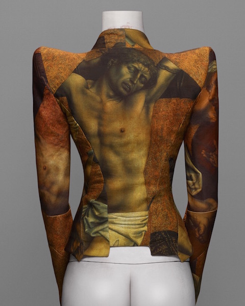 Alexander McQueen jacket with Robert Campin 15th c. crucifixion print, FW 1997-98