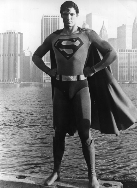 Christopher Reeve as Superman against the New York City skyline, 1978