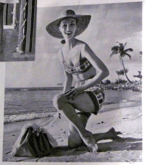 Evelyn Tripp on the beach in playsuit pattern Simplicity 1608