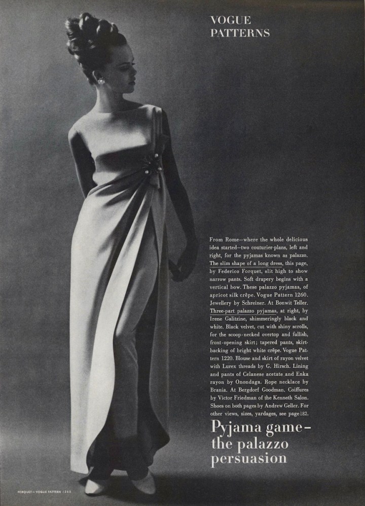 1960s Forquet palazzo pyjama pattern Vogue 1260 in Vogue magazine