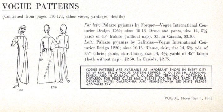 "Vogue Patterns are available at important shops in every city..." back views in Vogue, Nov. 1963