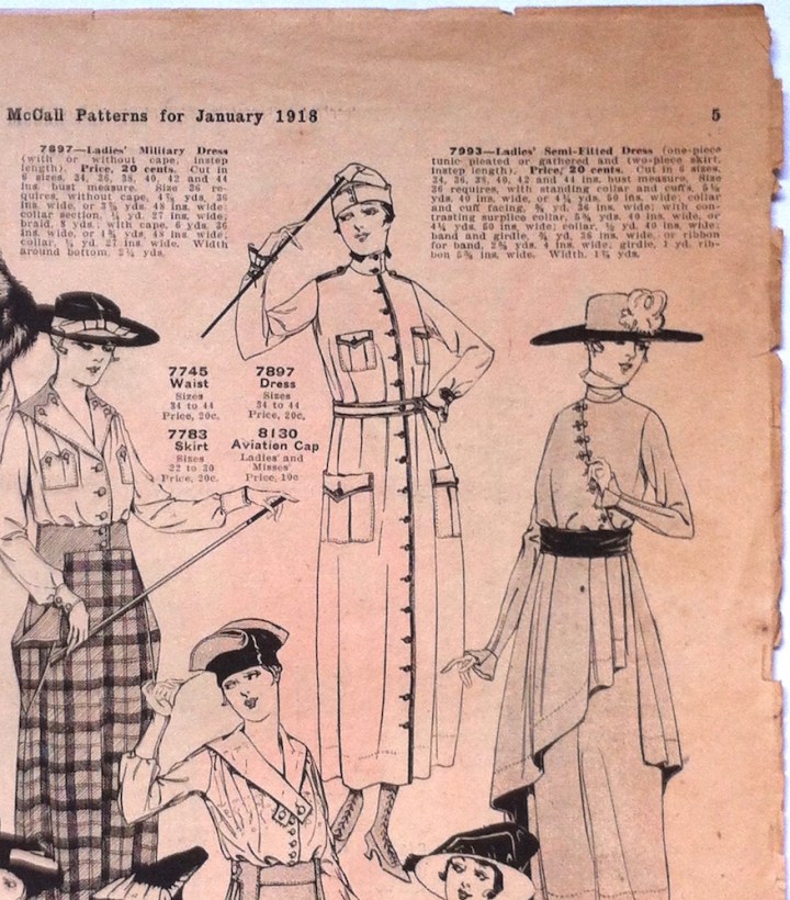 World War 1 patterns: Military dress McCall 7895 and aviation cap McCall 8130 in McCall Fashions leaflet