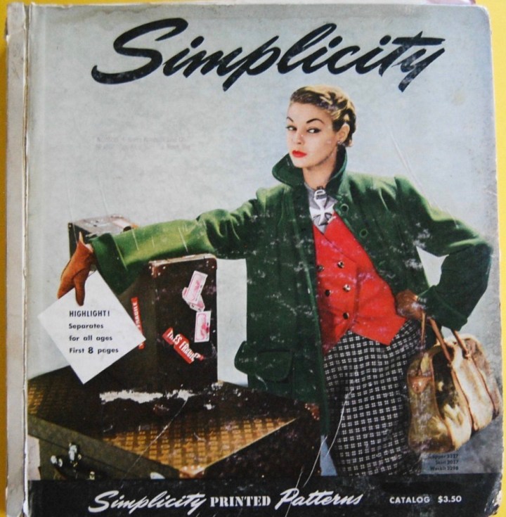 Fall-Winter 1950 Simplicity Pattern magazine. Green topper coat, Simplicity 3327. Red vest, Simplicity 3298. Plaid skirt, Simplicity 3027