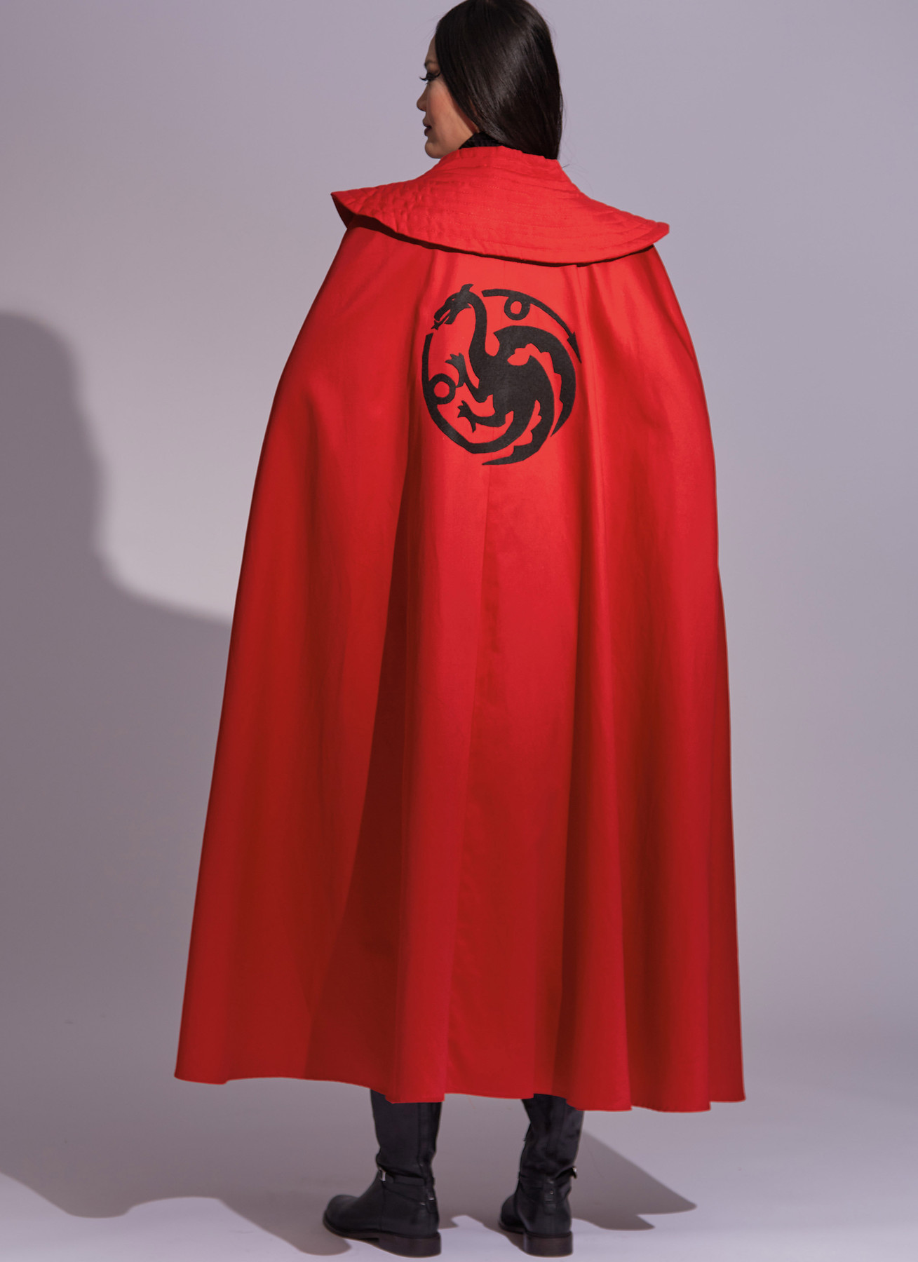 Back view of red Targaryen cape pattern with dragon appliqué - McCall's 8335 (2022)