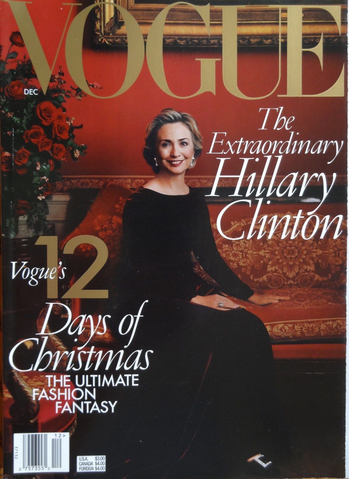 Hillary Clinton in custom Oscar de la Renta on the cover of Vogue magazine, December 1998