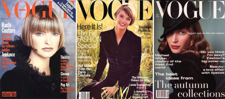 Vogue Paris Vogue US, and Vogue UK covers for Sept 1993 - Linda Evangelista by Max Vadukul and Steven Meisel, Christy Turlington by Mario Testino