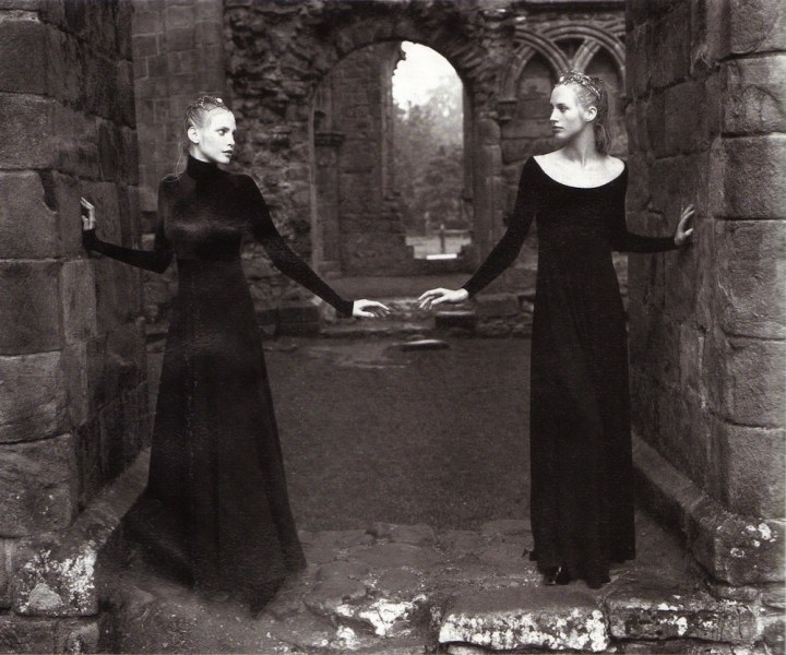 "Courtly gestures" Perfectly plain: the right dresses have a top with the fit and ease of a body, and a dramatic bolt of fabric below the waist. High-neck, Empire-line dress in chestnut-brown velvet, opposite, left. Right, slash-neck wool gauze dress. Both by Donna Karan. (Headdresses Slim Barrett)
