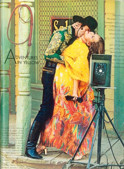 "Adventures in Yellow": Lauren Hutton with stuntman Lance Rimmer photographed for Vogue by Helmut Newton, 1972