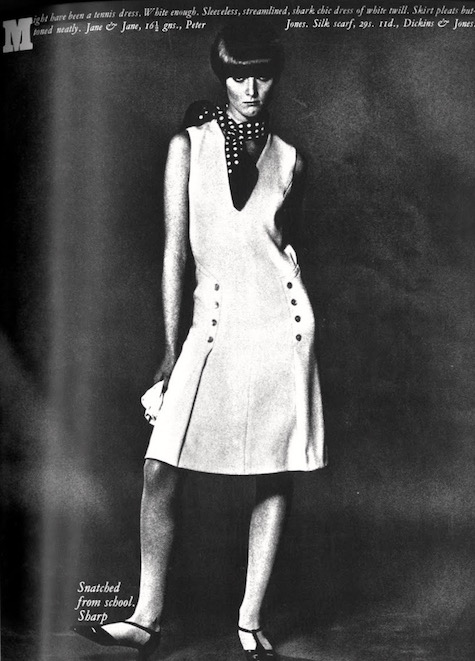Grace Coddington wears a Jane & Jane dress by Jean Muir in British Vogue, 1965