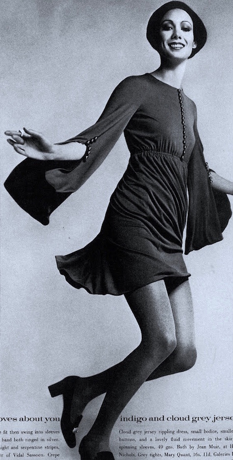 Moyra Swan in a jersey minidress by Jean Muir, British Vogue, 1969