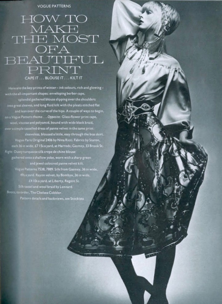 Ann Schaufuss wears blouse Vogue 7538 and skirt Miss Vogue 7889, photographed for Vogue UK by Clive Arrowsmith