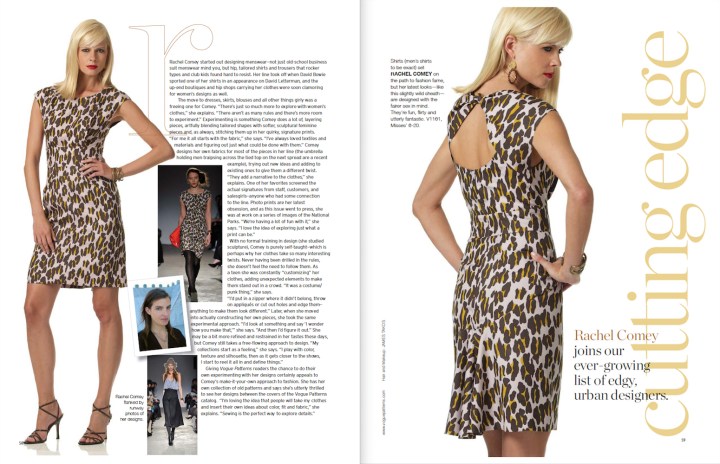 Rachel Comey article with V1161, Vogue Patterns, February/March 2010.