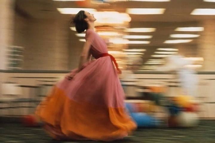 "Full-length evening dress is draped in pink and rose with a light orange hem. Like most Galanos styles, this one is deceptively simple but it is intricately and artfully constructed so that it is not bulky despite the amount of chiffon used -- 75 yards in all." Life, April 14, 1961. 