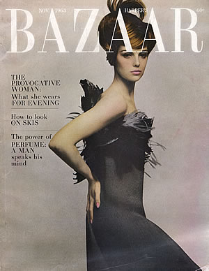 Donna Mitchell, "Black silk ottoman cloqué sheath wreathed in feathers by Galanos" photographed by Melvin Sokolsky for Bazaar, fall 1963 
