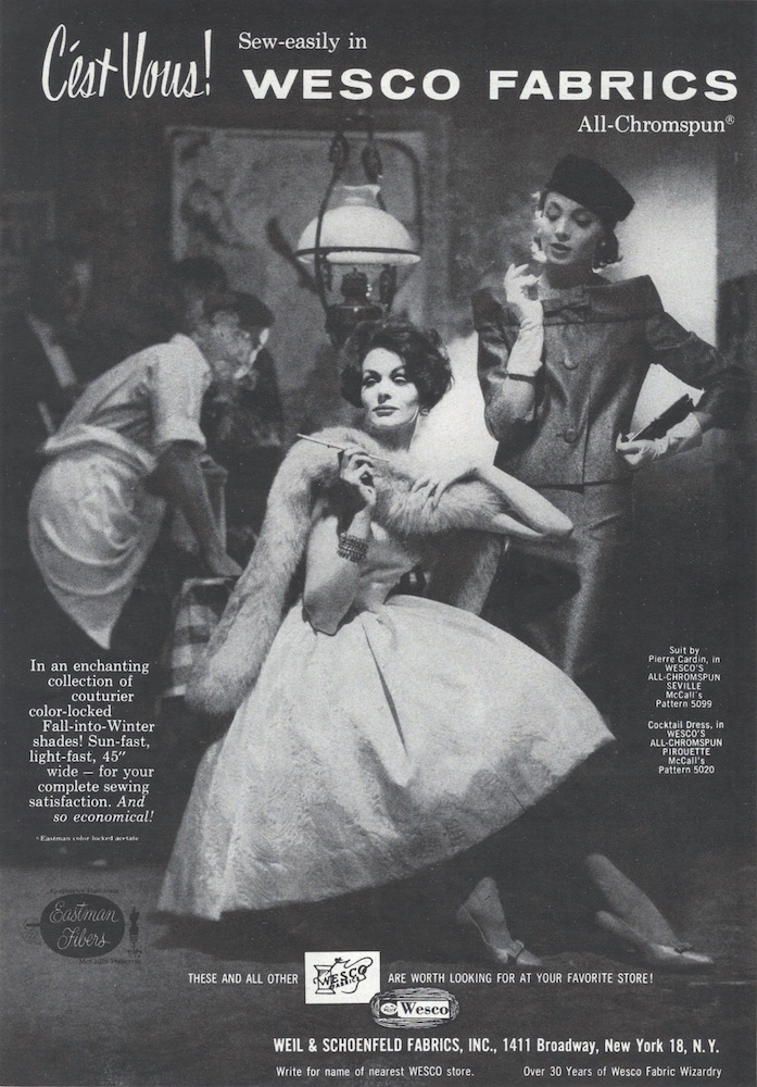Late 1950s Eastman Fibers Chromspun ad feat. McCall's 5020 and Pierre Cardin suit McCall's 5099