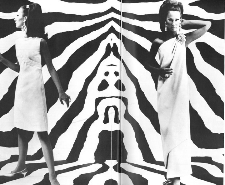 Brigitte Bauer photographed by Gordon Parks in cocktail dress and toga gown made from Vogue patterns 6628 and 6596, November 1965