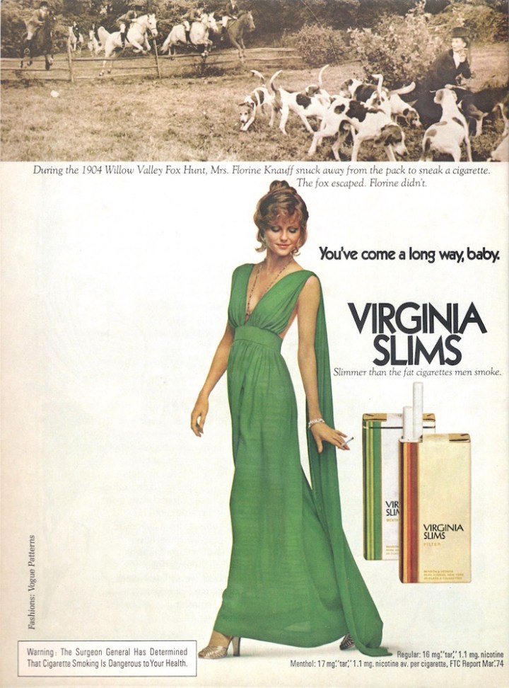Virginia Slims ad feat. Cheryl Tiegs, Vogue Patterns 1975
