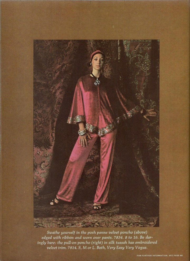 Marisa Berenson in poncho and trousers Vogue 7834, 1970