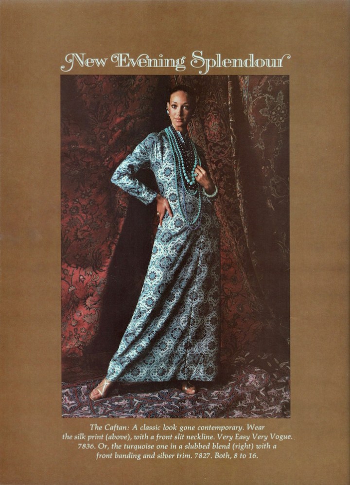 New Evening Splendour: Marisa Berenson in Vogue 7836 caftan, 1970