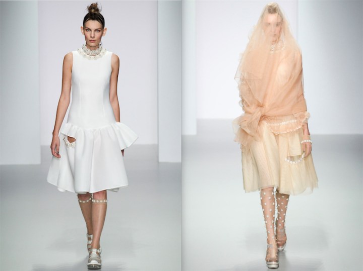 Two pearl-trimmed looks from Simone Rocha's Spring 2014 collection