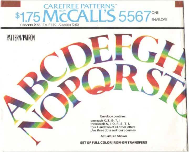 1970s iron-on rainbow transfer alphabet McCall's 5567
